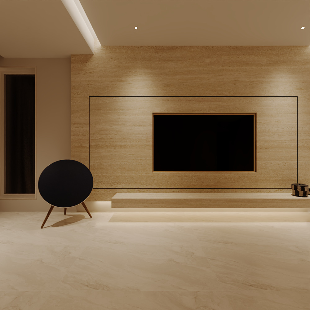 人工光状态下的洞石电视背景墙